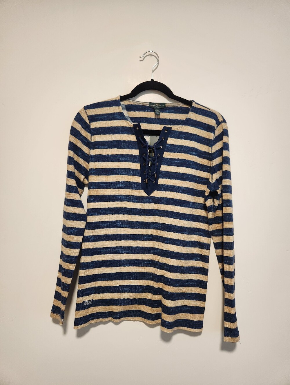 NWT Lauren‎ Ralph Lauren Striped Long Sleeve Top W/Tie Front V-Neck Size Large